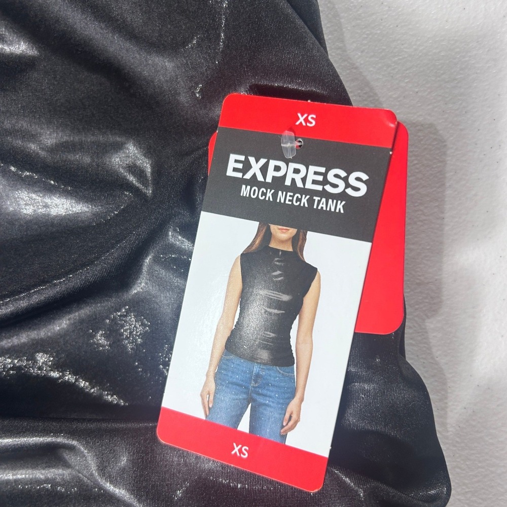 Express Mock Neck Tank Top Womens XS Black Metallic Ruched Faux Leather NEW - Picture 6 of 12